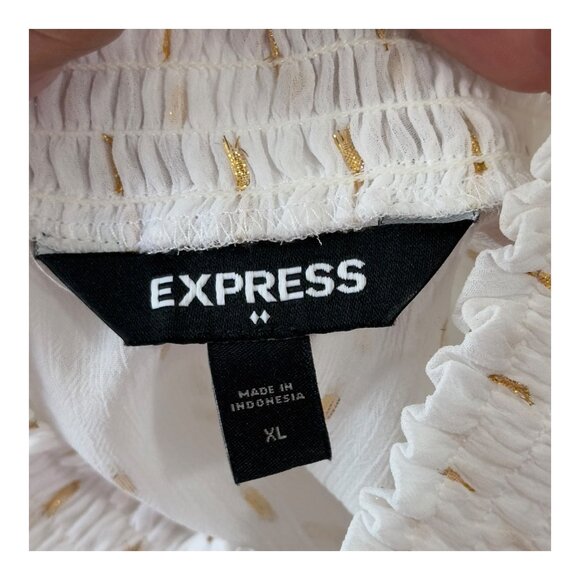 Express White & Gold Swiss Dot Blouse Shirred Mock Neck & Elastic Cuffs SZ XL - Picture 3 of 13